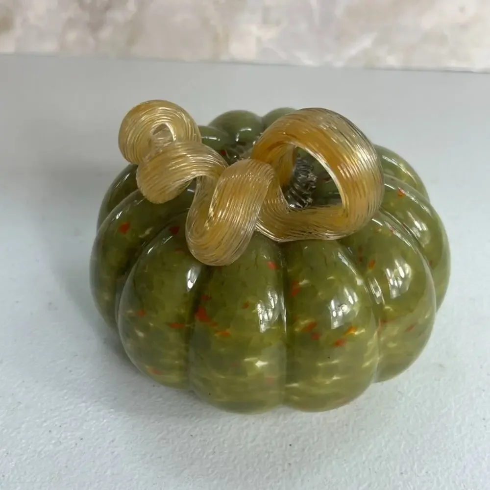 Hand Blown Art Glass Pumpkin Twist Stem Orange & Green 5